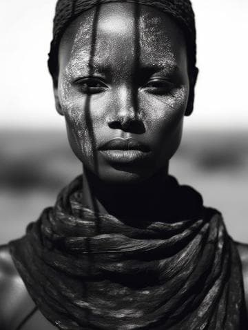 A black and white portrait of a person with a calm expression. They have textured makeup on their face, highlighting their features. A shadow falls across their face, cast by vertical lines. They wear a textured scarf around their neck. The background is softly blurred.