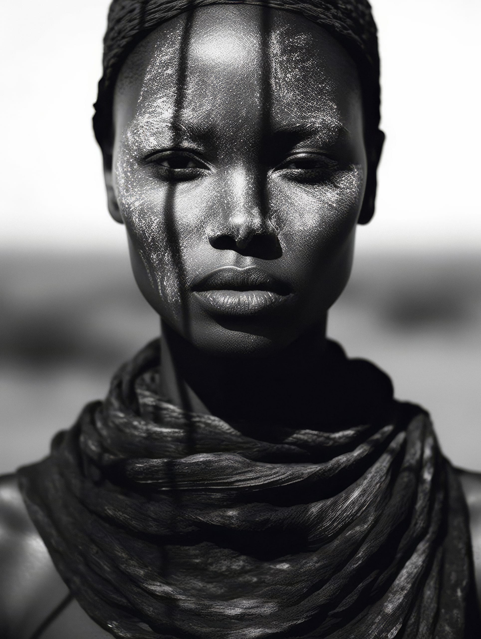 A black and white portrait of a person with a calm expression. They have textured makeup on their face, highlighting their features. A shadow falls across their face, cast by vertical lines. They wear a textured scarf around their neck. The background is softly blurred.