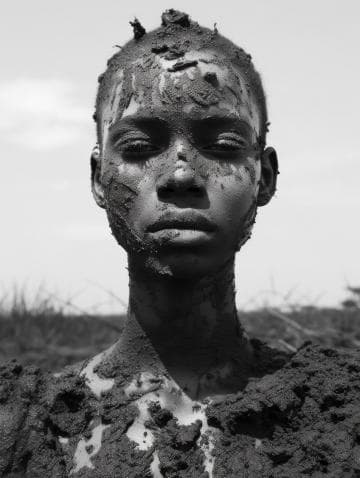 A person stands outdoors with eyes closed, covered in dark mud or clay. The texture of the mud creates a dramatic visual contrast against the clear sky in the background. The expression is serene, and the setting appears to be natural, with blurred vegetation visible behind them.