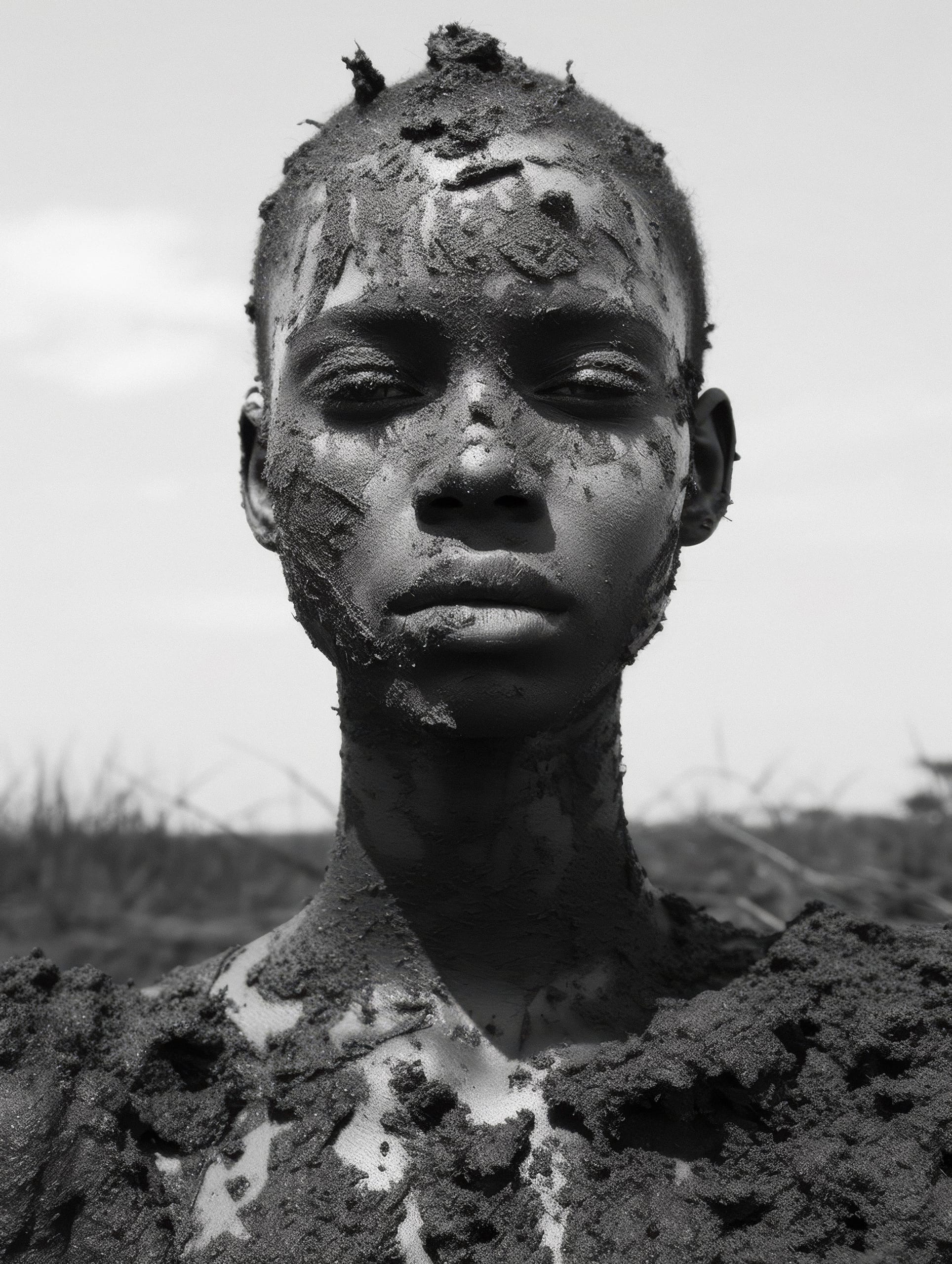 A person stands outdoors with eyes closed, covered in dark mud or clay. The texture of the mud creates a dramatic visual contrast against the clear sky in the background. The expression is serene, and the setting appears to be natural, with blurred vegetation visible behind them.