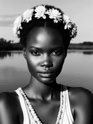 A black and white portrait of a woman standing by a lake. She wears a floral headband made of daisies and a sleeveless top with decorative trim. The serene water and blurred landscape form the background, highlighting her calm expression and the play of light and shadows on her face.