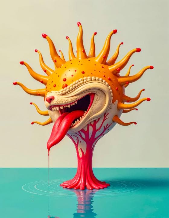 A surreal sculpture depicts a sun-like creature with a vibrant yellow and orange face, complete with protruding spikes resembling sun rays. It has a wide mouth with large teeth and a long, drooping tongue. The red and pink stem forms the base, set against a teal background.