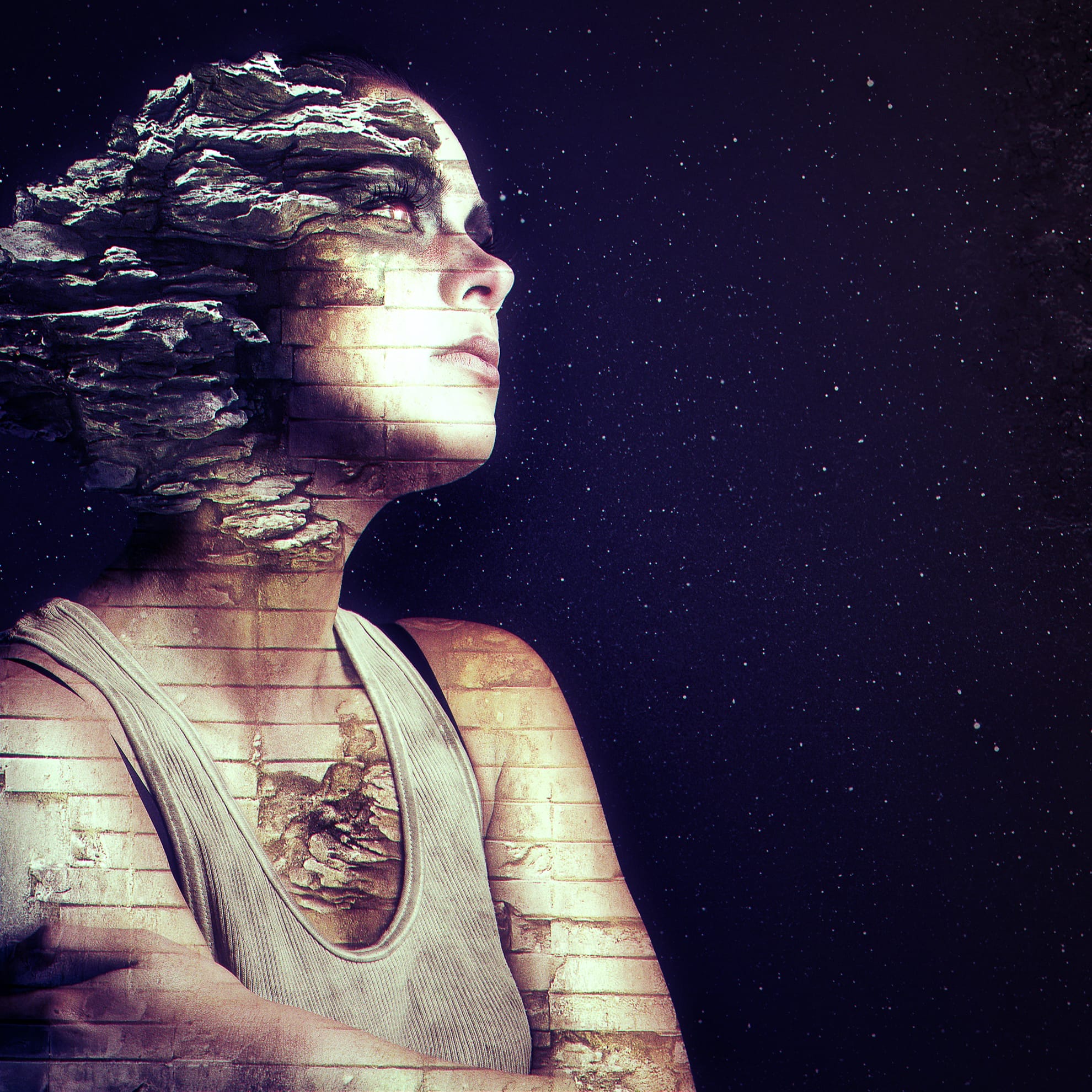 A surreal portrait of a woman with a contemplative expression, her upper body partially visible in a sleeveless top. The left side of her face and hair blend into a rocky texture against a dark, starry background, creating an ethereal and dreamlike effect where time waits for no one.
