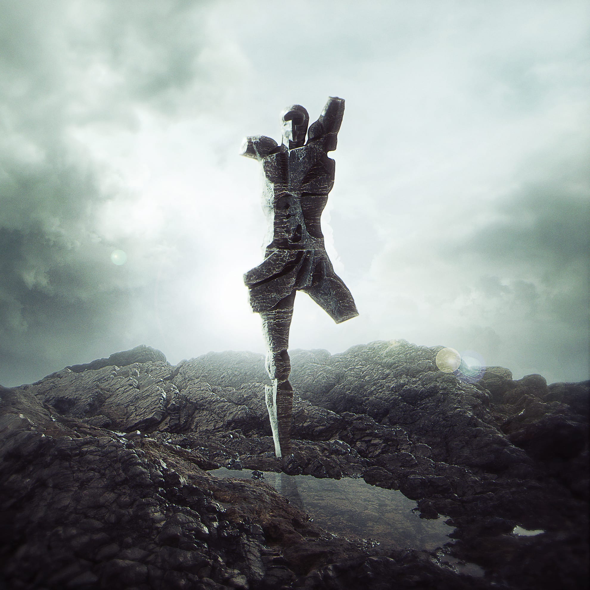 A fragmented stone statue of a medieval knight stands dramatically against a cloudy sky on a rocky terrain. The statue appears to be in mid-stride, with pieces of its armor suspended, creating a sense of movement, as if it will never march forward again. The scene has a mystical, ethereal quality with diffused light.