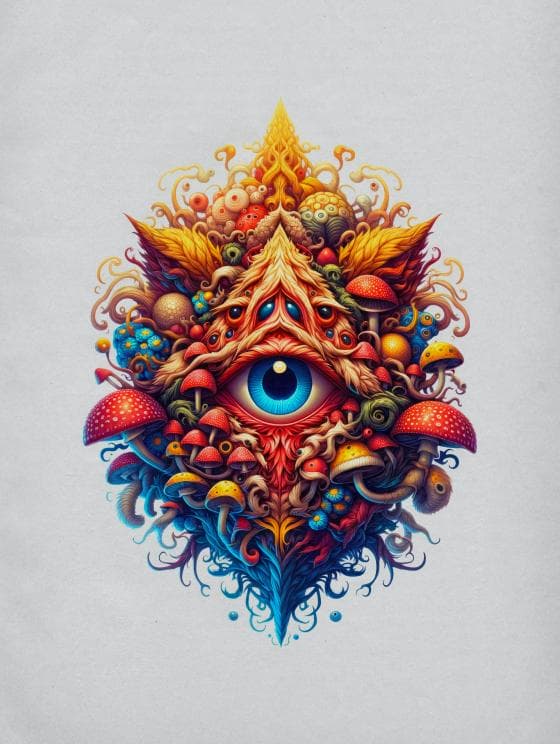 A vibrant surreal artwork depicts an eye at the center, surrounded by colorful mushrooms, swirling tendrils, and organic shapes. This vision of a fungal dimension features a rich palette of reds, blues, yellows, and oranges in a symmetrical design against a light background.