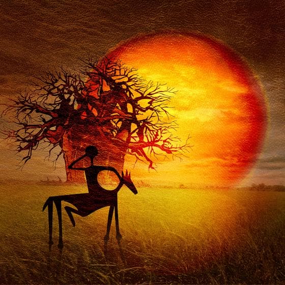 An abstract scene shows a silhouetted centaur holding a bow, standing beside a leafless, gnarled tree. A large, vivid orange sun sets behind them like fire, casting a warm glow on the grassy landscape, creating a dramatic and surreal vision.