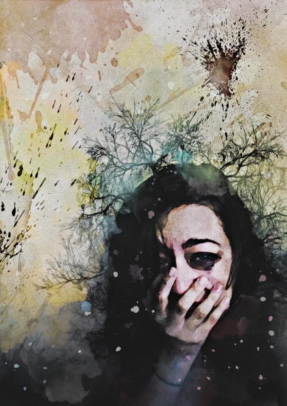 A woman with dark hair covers her mouth with her hand, eyes wide with a distressed expression. The background shows bare, leafless trees blending into textured, grungy overlays with splatters and stains. A prominent red stain resembling blood, reminiscent of a Crown of Thorns, is splashed at the top right.