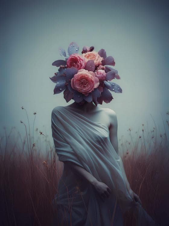 A person draped in flowing white fabric stands in a misty field, her petals faced the wind. Their head is replaced by a bouquet of pink and purple flowers with dewdrops, blending surrealism and nature amid softly blurred, delicate grasses.