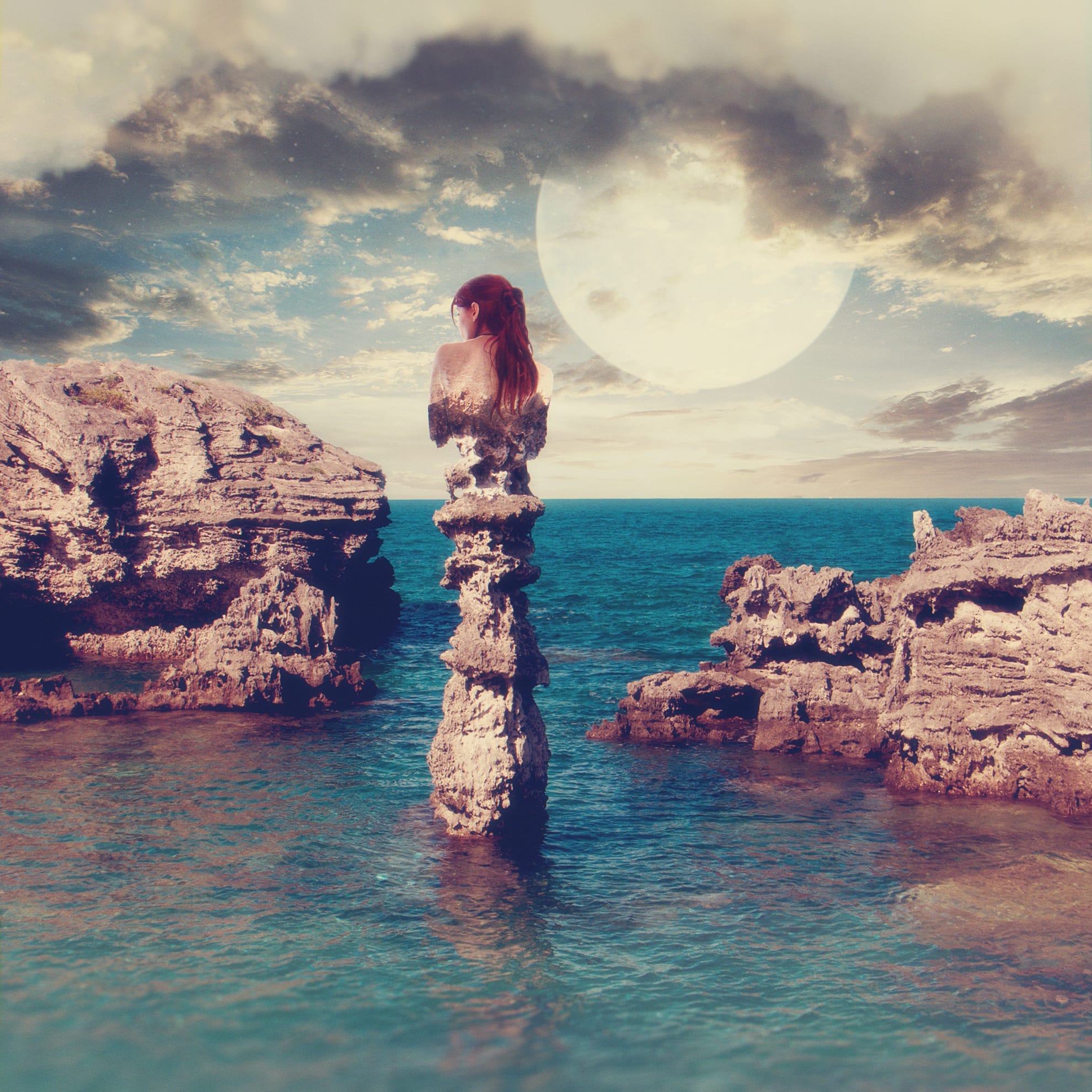A woman with long hair sits in contemplative silence atop a tall, narrow rock pillar surrounded by water. Large rocky formations rise on either side. Behind her, a vast sky features scattered clouds and a large, glowing moon reflecting on the water, creating a serene and surreal atmosphere.