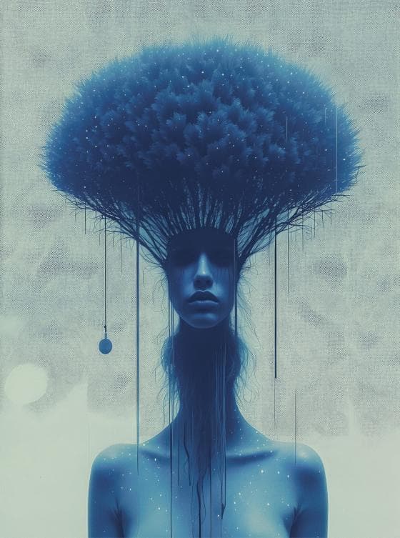 A surreal image features a person with a large, intricate tree-like crown of feathery leaves as hair, in shades of blue. The neck and shoulders blend into a misty, ethereal background. Fine lines and dots create a dreamy, cosmic effect, adding depth to the scene.