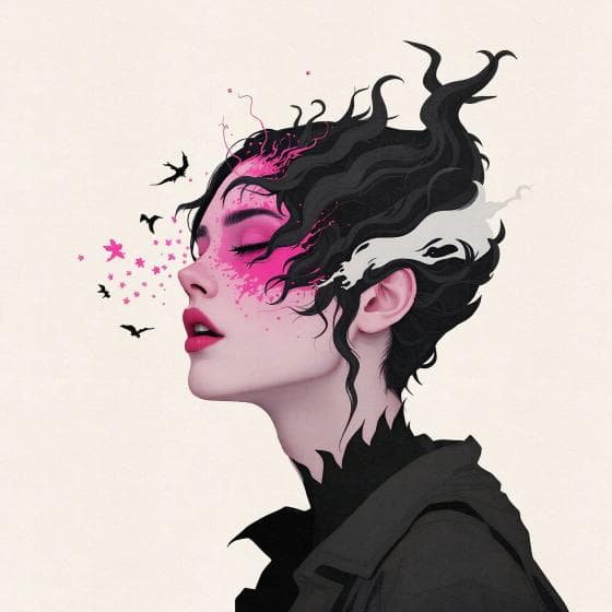 Artistic illustration of a woman with closed eyes. Her dark hair swirls upward, morphing into abstract shapes and birds, interspersed with bright pink accents and flowers. Her face, adorned with pink makeup and ethereal elements, contrasts with the soft cream background.