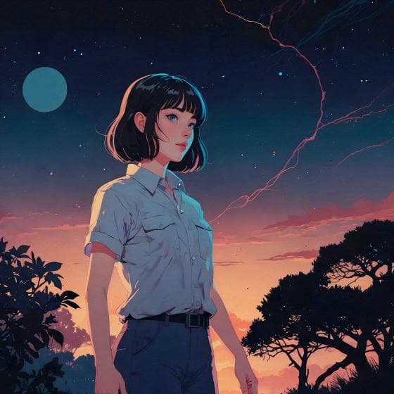 A woman with short black hair stands confidently against a twilight sky, featuring a large moon and scattered stars. She wears a white shirt and dark pants. Silhouetted trees frame the scene, with pink lightning adding a dramatic touch to the colorful horizon.