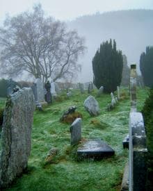 A misty graveyard with scattered, weathered tombstones on frosty grass. A large, leafless tree stands in the background, and evergreen shrubs are visible. The scene feels peaceful and somber, with low-hanging fog obscuring the distant hilly landscape.