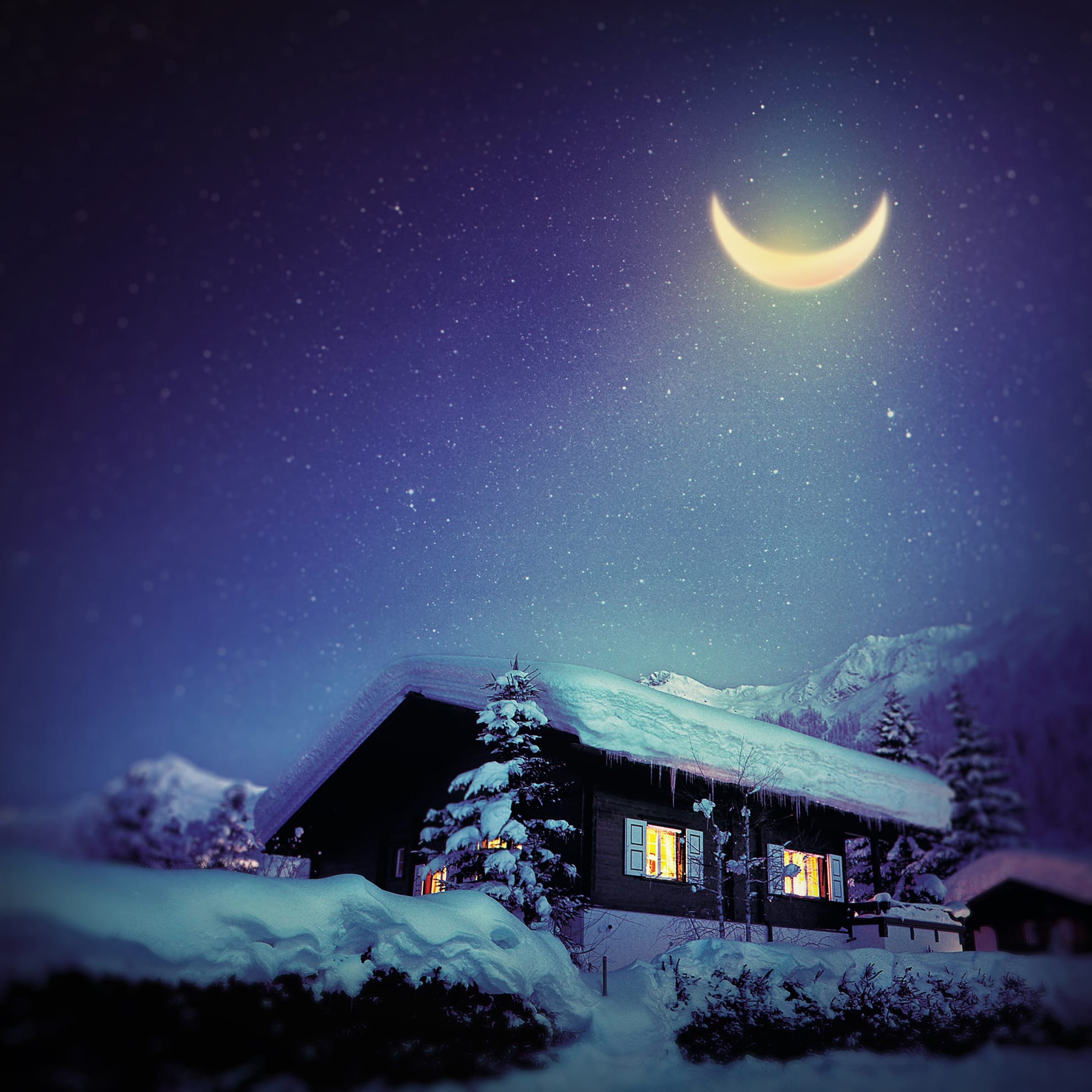 A snow-covered cabin on a winter night, illuminated warmly from within. The sky is filled with stars and features a bright, crescent moon. Snow-laden pine trees surround the cabin, completing the serene and peaceful winter scene.