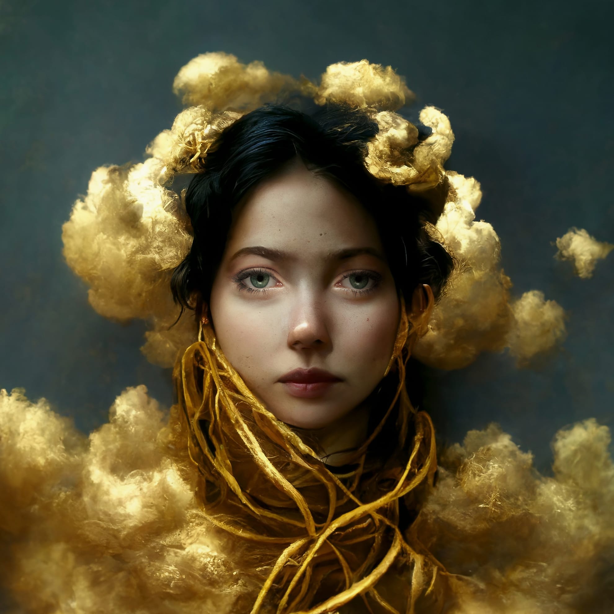 A young woman with pale skin and dark hair is surrounded by fluffy golden clouds. The clouds blend seamlessly with her hair and frame her serene face. Strands of spun gold are wrapped around her neck and shoulders, creating an ethereal and surreal atmosphere against a dark background.