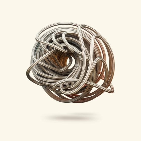 A complex, swirling abstract sculpture made of metallic loops in silver and bronze hues. The loops intertwine to form a spherical shape with intricate patterns and textures. The sculpture hovers against a plain light beige background, casting a soft shadow below.