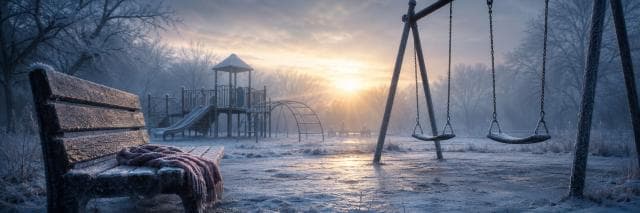 A frosty playground at sunrise with empty swings, a jungle gym, and leafless trees.