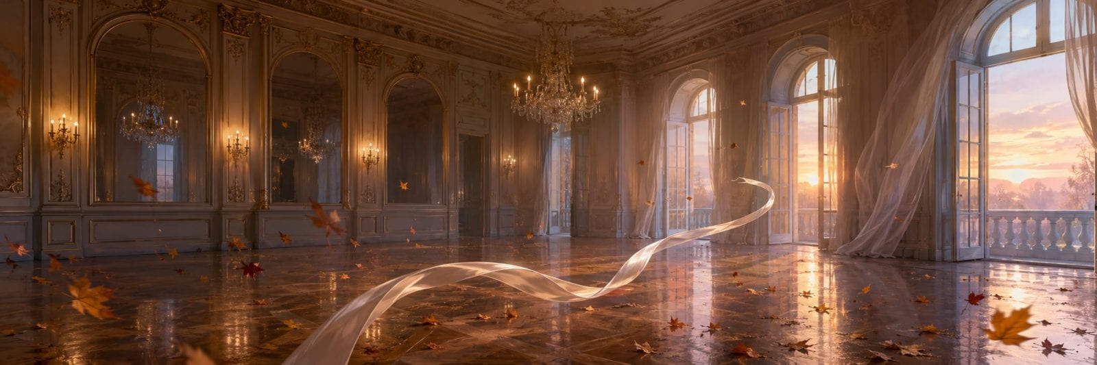 Grand, empty ballroom with ornate walls, chandeliers, autumn leaves, and a flowing white ribbon at sunset.