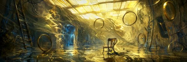 A wooden chair sits in a surreal, flooded room scattered with gold rings and ladders.