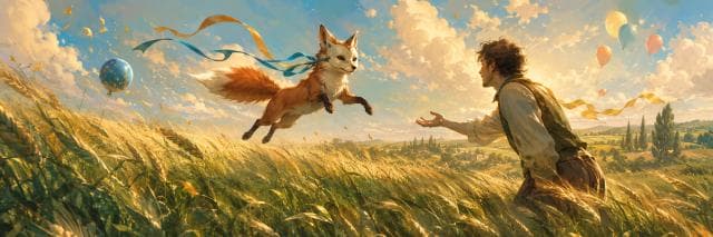 A surreal fox adorned with ribbons leaps toward a person in a grassy field with blue skies, clouds, and colorful balloons.
