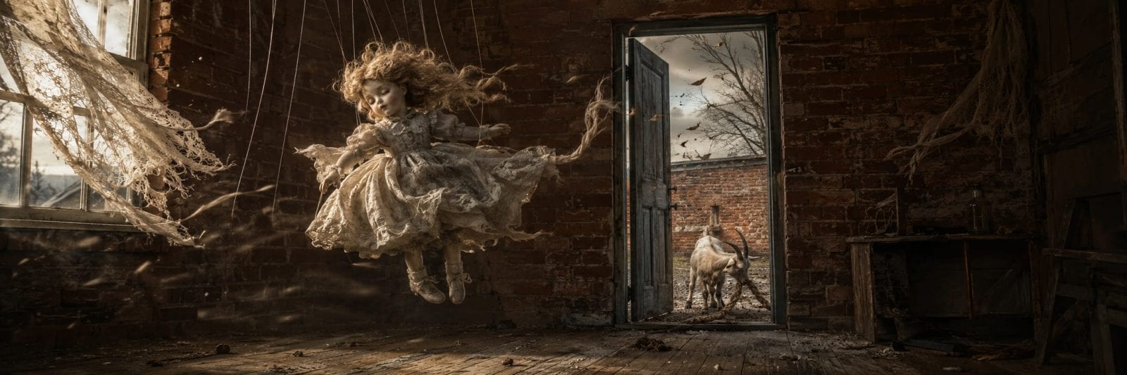 A tattered doll floats by strings in an old room; a goat stands outside an open door under surreal, fantastical clouds.