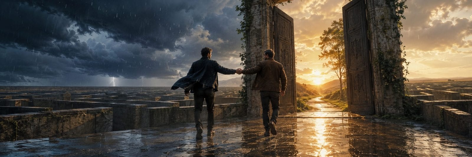 Two people hold hands, leaving behind rain and chaos as sunlight breaks through on a reflective stone path.