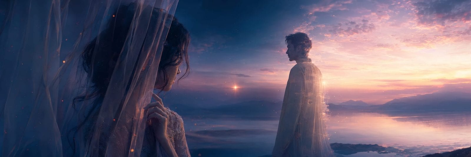 A veiled woman looks at a distant man by a lake, with swirling mist and an ethereal sunset atmosphere.