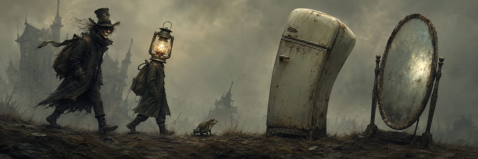 A person and child walk past a frog, fridge, and mirror in foggy chaos under towering, surreal buildings.
