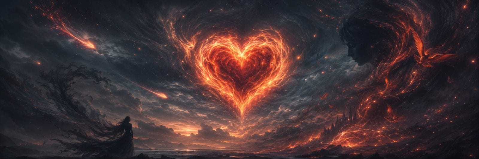 A glowing fiery heart surrounded by swirling darkness, with shadowy figures emerging in the clouds and on the ground below.