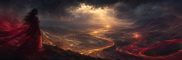 A person in a red cloak stands on a hill, with dramatic clouds above and their reflection beneath amidst winding, glowing light.
