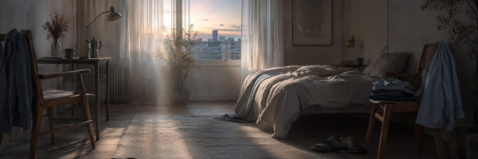 Unmade bed and scattered clothes in a bedroom, with a cityscape reflected in the window.