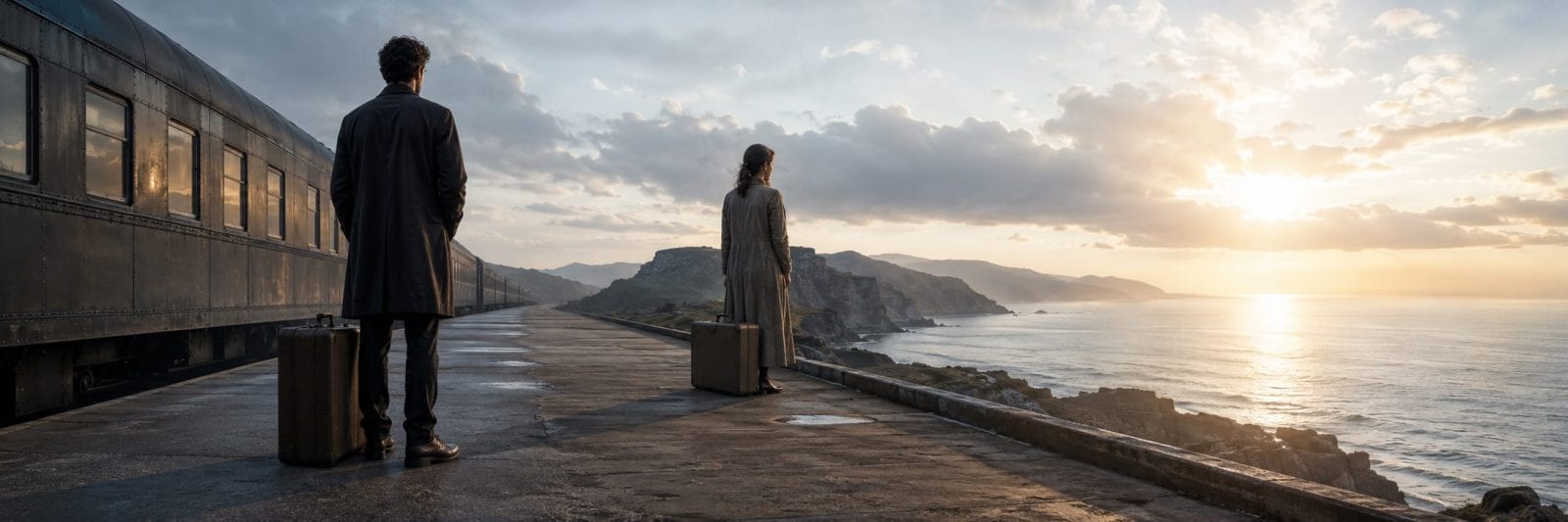 Two people with suitcases stand on a train platform by the sea, distant cliffs in the background.