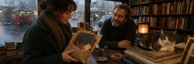 Two people sit close together on a foggy night bus, quietly reflecting by empty cups on the windowsill, rain and nature outside.