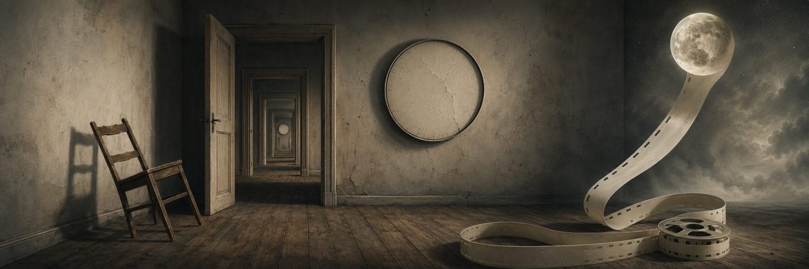 A surreal film reel unwinds to a glowing moon as nature and reflections appear in mirrors, doors, and dim empty rooms.