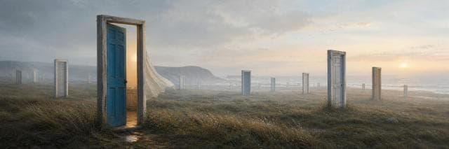 A windswept coastal field scattered with weathered doors, with one blue door open to a warm interior glow.