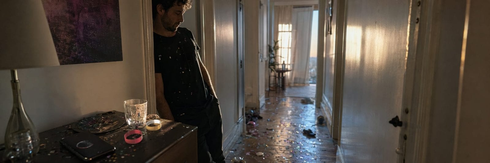 A man stands in a hallway with confetti and party items scattered on the floor and table, showing resilience after the celebration.