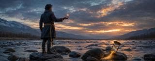 A person stands on river rocks at sunset, holding a glowing object as an illuminated hourglass nearby represents strength and spirit.