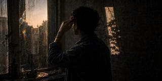 A person gazes out a dirty window at sunset as plant shadows from outside move across the textured wall.