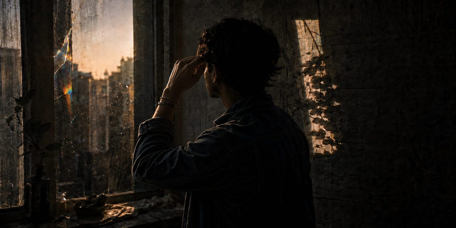 A person gazes out a dirty window at sunset as plant shadows from outside move across the textured wall.