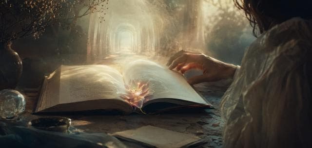 A person touches an open book with glowing flowers, with light streaming through an arched hallway in the background.