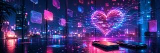 Two smartphones glow on a shiny floor while digital hearts and icons float above them.