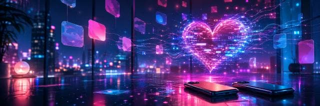 Two smartphones glow on a shiny floor while digital hearts and icons float above them.