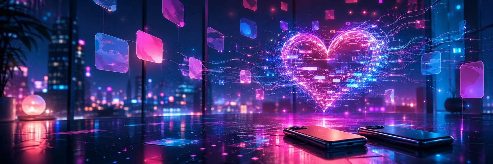 Two smartphones glow on a shiny floor while digital hearts and icons float above them.