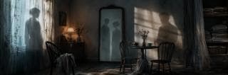 Chairs, a table with cups, and surreal shadows of two figures appear behind a curtain and mirror in the room.