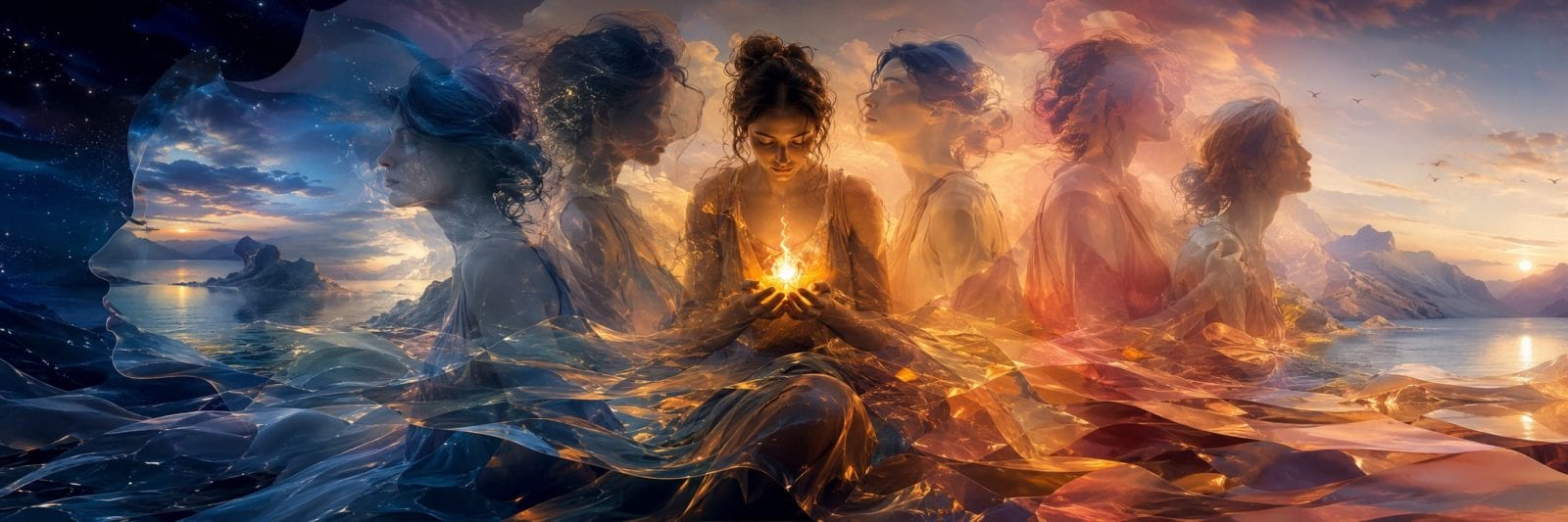 Six ethereal women sit by water at sunset, the glowing orb reflected as nature and magic blend seamlessly.
