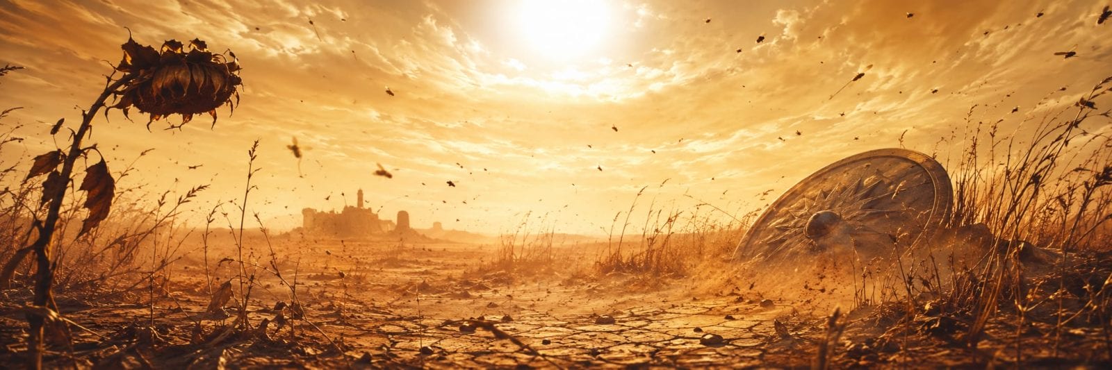 A dry, cracked field with a fallen sunflower, weathered shield, and surreal shadows in the dust.