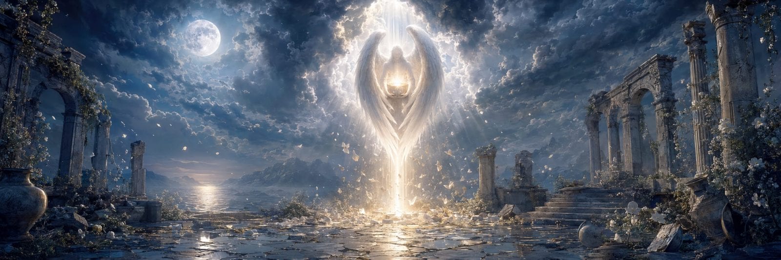A radiant angelic figure rises among ancient ruins, framed by mountains and water under a moonlit sky.