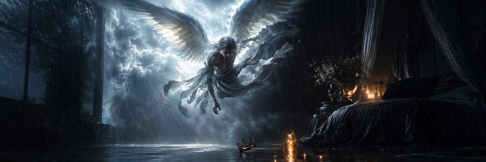 A glowing angel hovers with wings spread, light streaming in, near a fallen crown and lit candles on a shadowy floor.
