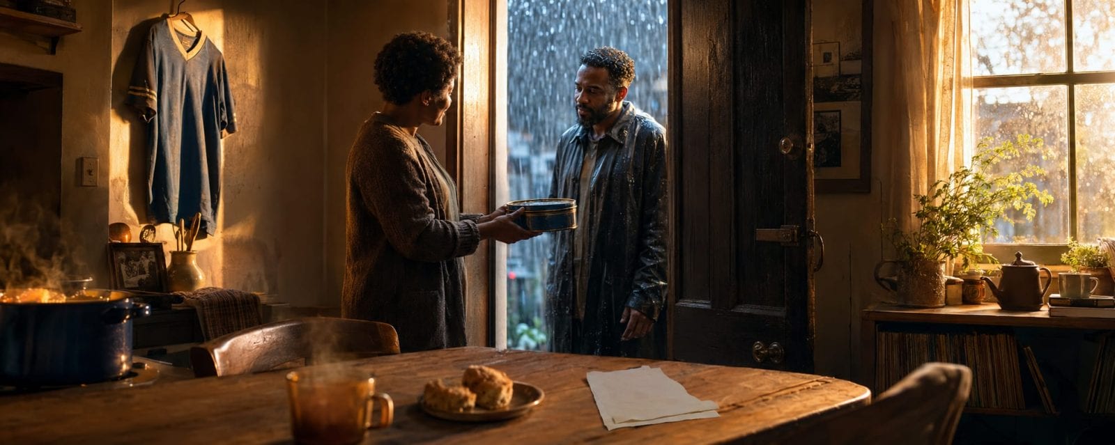 A woman hands a tin to a man in the doorway while it rains outside, inside a cozy kitchen.