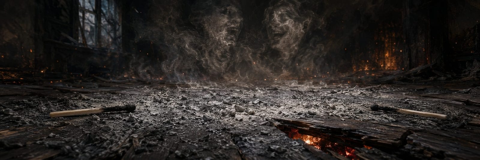 Smoke forms face-like shapes above an ash-covered floor, with faint fire glowing beneath broken wood.